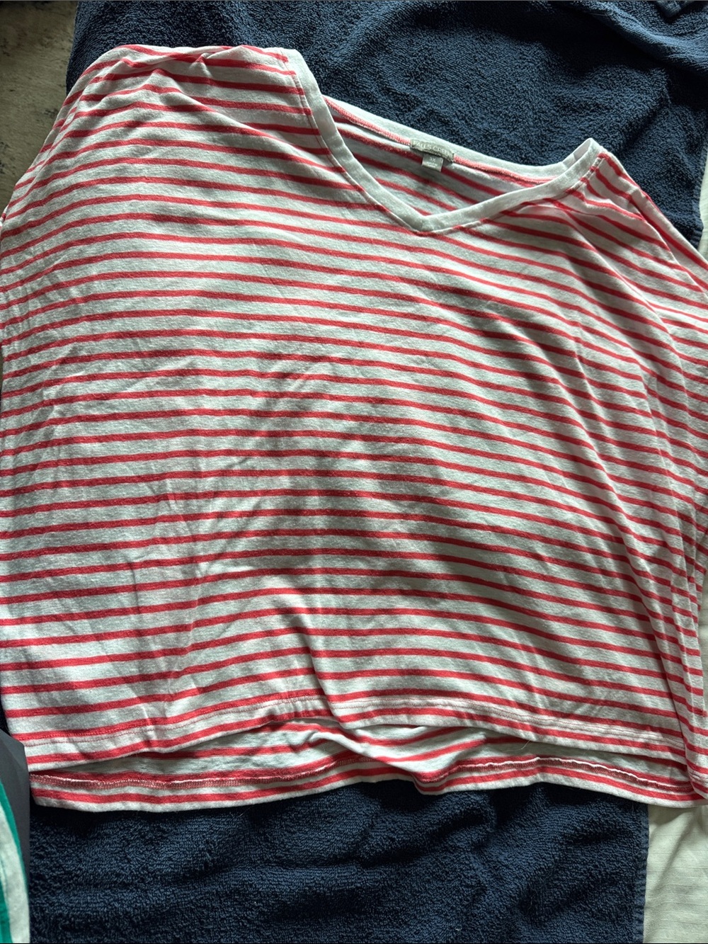 Falls Creek Striped V-Neck Tee in White and Coral